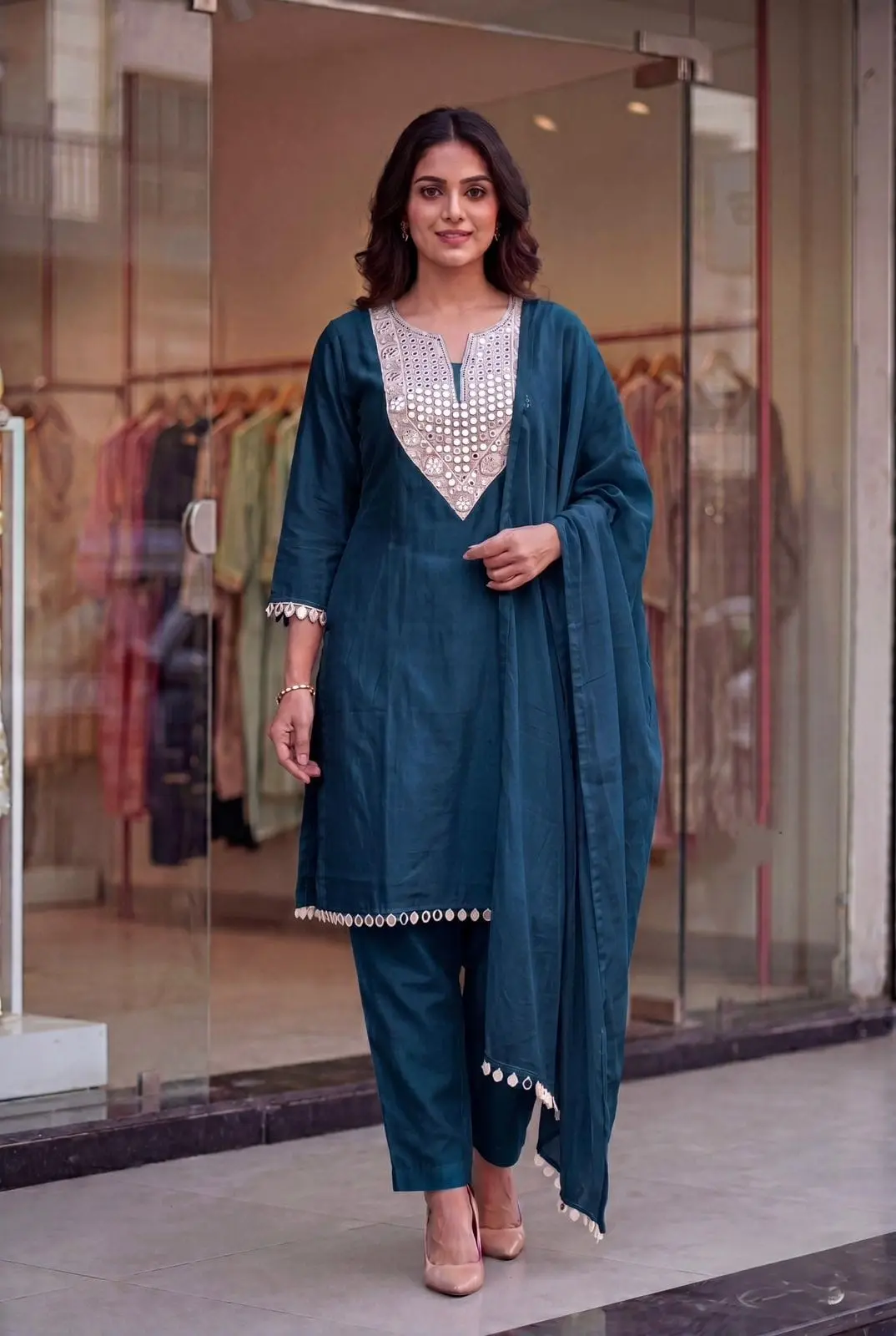 Teal Blue Premium Mirror Work Festive Wear Salwar Suit Set